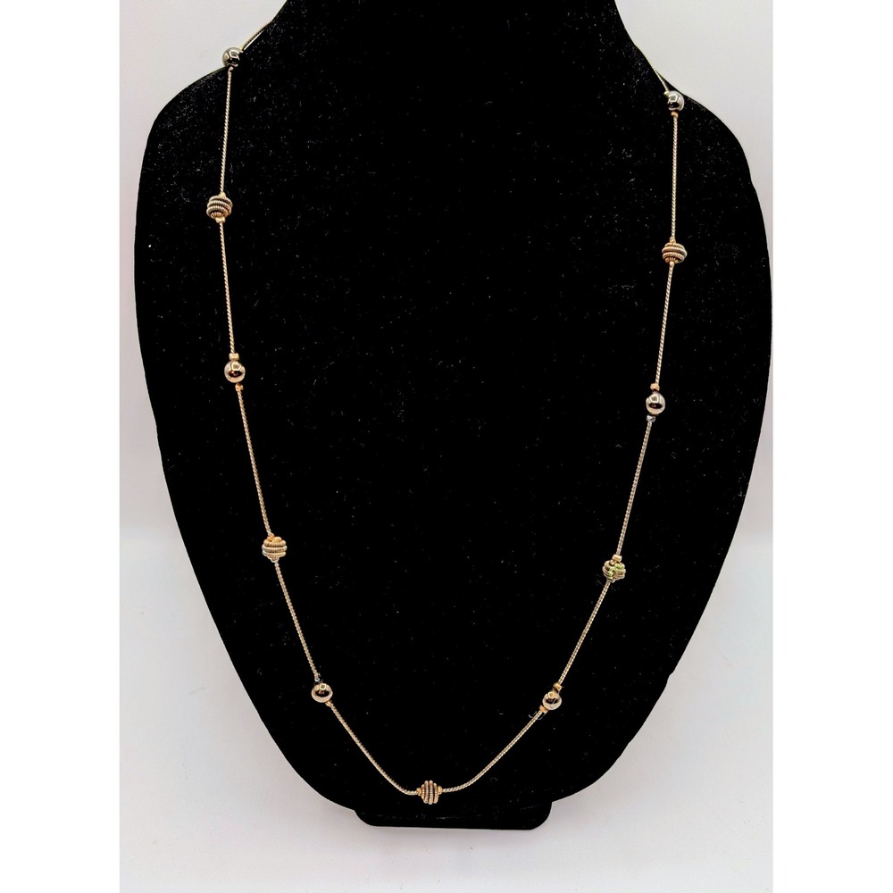 Vintage Gold Silver Tone Station Bead Long Snake Chain Necklace 30 Inch